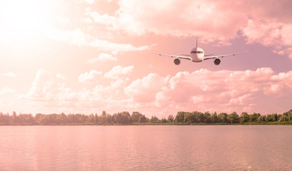 Passenger plane over the lake and forest. Transport.