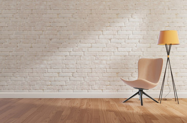 White brick wall and wooden floor,mock up, copy space,3d rendering