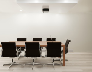 Meeting room with white wall, wooden floor copy space 3d rendering
