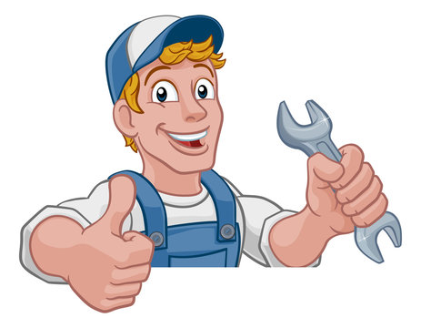 Mechanic plumber maintenance handyman cartoon mascot man holding a wrench or spanner. Peeking over a sign and giving a thumbs up