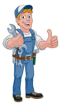 Mechanic plumber maintenance handyman cartoon mascot man holding a wrench or spanner. Giving a thumbs up
