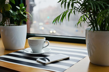 Cup of coffee, smartphone and plants on wooden table and  striped background