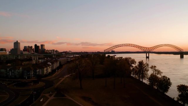 Downtown Memphis aerial sunset reveal