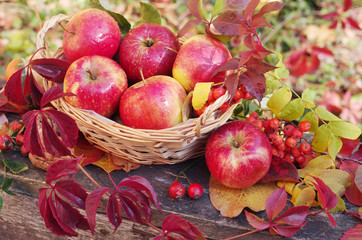 Apples in a basket surrounded by autumn leaves