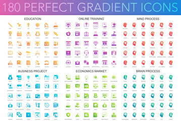180 trendy perfect gradient icons set of education, online learning, brain mind process, business project, economics market.