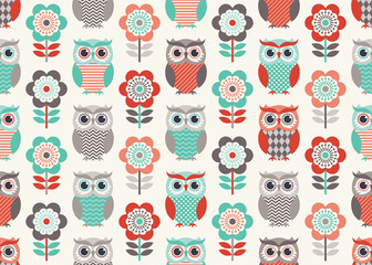 seamless owls and flowers colorful pattern background - Vector - 256605670