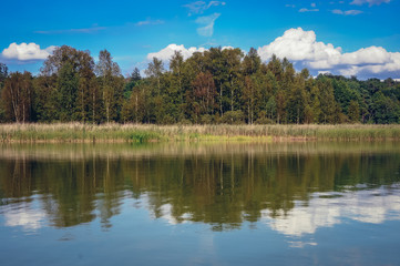 Fototapeta na wymiar Shore of Lanskie Lake in Olsztyn Lake District, near Lansk village in Warmian-Masurian Voivodeship of Poland