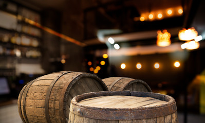 blurred background of bar and dark brown desk space of retro wood