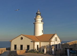 Lighthouse far de capdepera, daytime, sunny blue sky with seagull, cala ratjada, mallorca, spain.