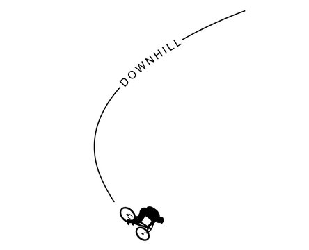 Mountainbiker downhill mit Spurlinie und Text „DOWNHILL“ / Vektor, schwarz-weiß, freigestellt