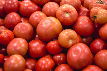 Stand with tomatoes in Livramento food market in Setubal town, Portugal