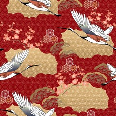 Vecteur transparente du motif kimono japonais. Fleur de cerisier, oiseaux de grue, pin avec illustration de fond de motifs orientaux pour produit premium, papier peint de luxe nature, bannière.