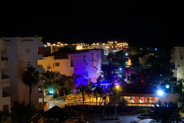 Night view of the modern tropical resort in Hurghada, Egypt. View from above