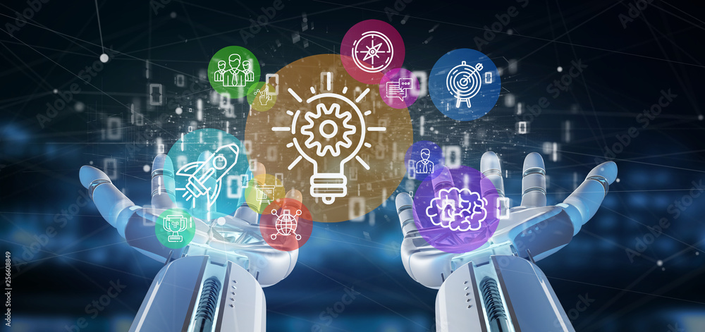Poster cyborg hand holding a cloud of colorfull start up icon bubble with data binary 3d rendering