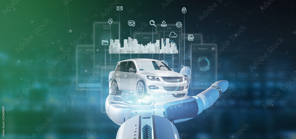 Poster cyborg hand holding dashboard smartcar interface with multimedia icon and city map on a background 3
