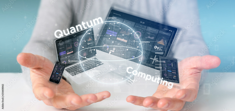 Poster businessman holding quantum computing concept with qubit and devices 3d rendering
