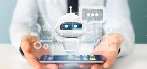 Businessman holding Chatbot with binary code, message and data 3d rendering