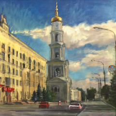 Drawing bright sunny day in big city street way