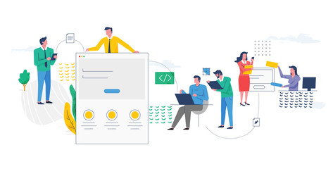 Company employees collaborating on a project. Teamwork concept. Modern flat design illustration.