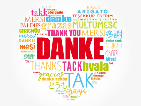Danke (Thank You in German) Love Heart Word Cloud in different languages