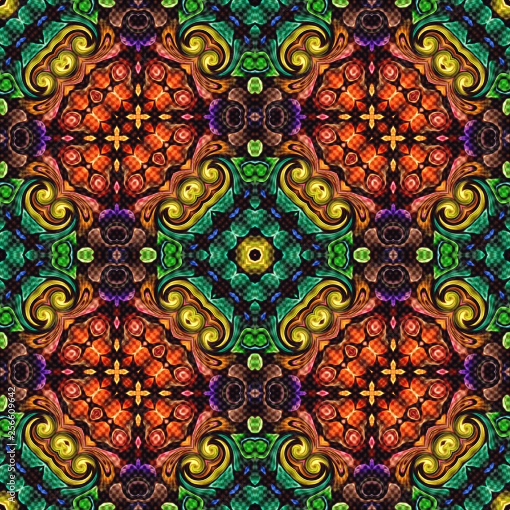 Poster seamless raster pattern in oriental style flower psychedelic mosaic pattern for wallpaper, backgroun