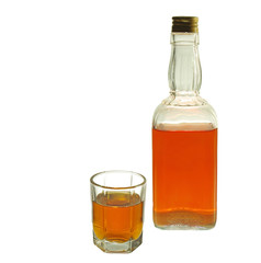 Gin and whiskey in bottles on a white background. Isolated on white