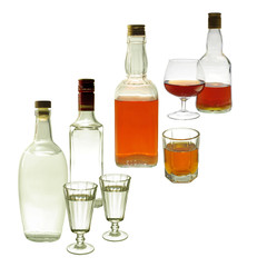 Gin and whiskey in bottles on a white background. Isolated on white