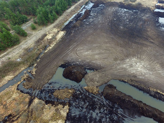 Stripping of a fertile layer of soil by excavator for sale. The land market in Ukraine.Drone aerial view. Near Kiev,Ukraine