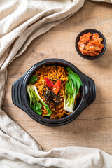 korean instant noodles with vegetable and kimchi