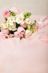 wedding beautiful bouquet of pink tulips. copy space