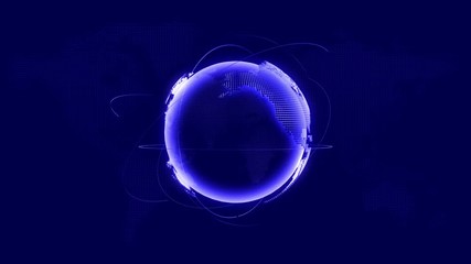 3d animation of a holographic world globe made of squares and a growing network across the world