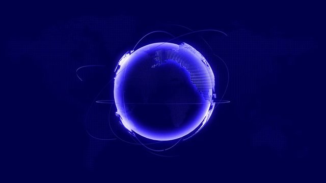 3d animation of a holographic world globe made of squares and a growing network across the world