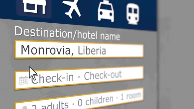 Hotel search in Monrovia on some booking site. Travel to Liberia related 3D animation