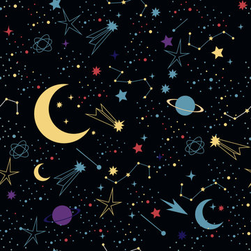 Stars in night sky background, space vector pattern. Space Galaxy constellation seamless pattern 
