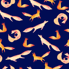 Obraz premium Cute orange red foxes watercolor seamless pattern on dark blue navy background. Cartoon simple foxes playing, curled, jumping, sitting