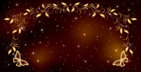 Stellar space background with magical butterflies and golden ornament