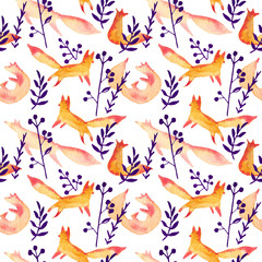 Cute orange red foxes in dark blue navy forest watercolor seamless pattern on white background. Cartoon simple foxes playing, curled, jumping, sitting
