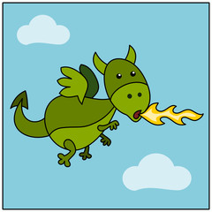 Funny dragon in cartoon style flies in the sky and lets the fire out of his mouth.