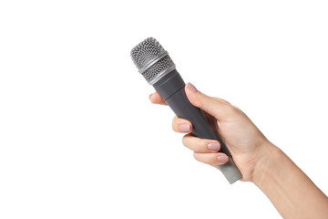 Wireless microphone in hand isolated on white