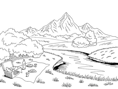 Picnic graphic black white landscape sketch illustration vector
