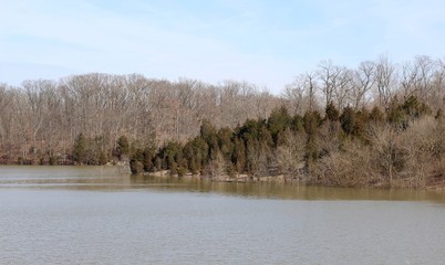 The view of the lake in the countryside on a sunny day. 