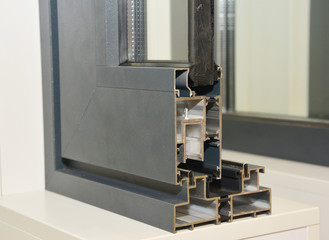 Aluminium Window Frame Profile. Energy Efficient Windows Cross Section. Three Transparent Glass.