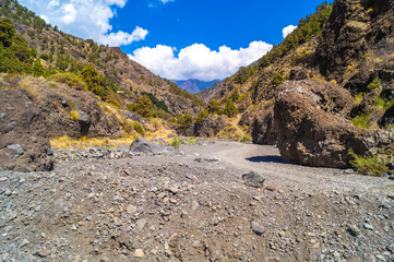 November 24th 2018, Caldera de Taburiente National Park, showing the valley floor rising to the horeshoe crater and cloud formation