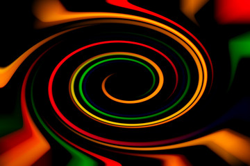 Blurred abstract background. Image of red, blue, green and yellow circles and wavy lines of different sizes.