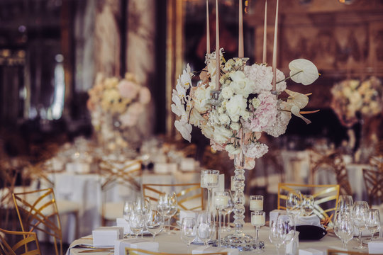 wedding decorations with flowers and candles. banquet decor. picture with soft focus