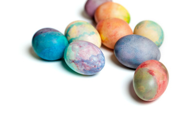 Group of easter painted eggs on white background