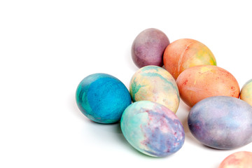 Group of easter painted eggs on white background