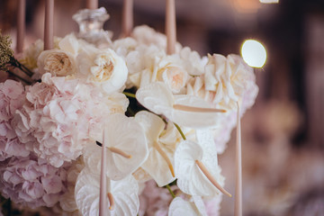 wedding decorations with flowers and candles. banquet decor. picture with soft focus