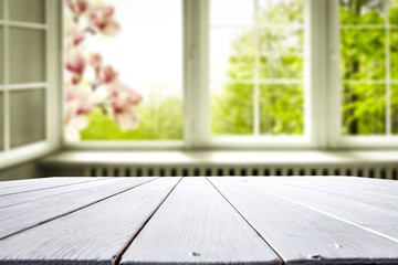 Desk of free spring time and window background 