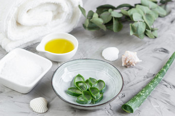 Obraz na płótnie Canvas Natural Ingredients Homemade Body Mask Cream Scrub with Aloe Vera Salt Olive Oil Honey, Beauty Concept Skin Care Organic Aroma Spa Therapy